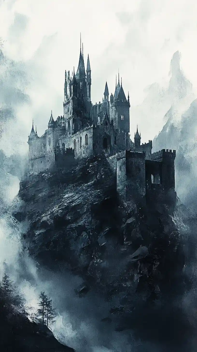 Gothic castle on a craggy hill in misty gray sky