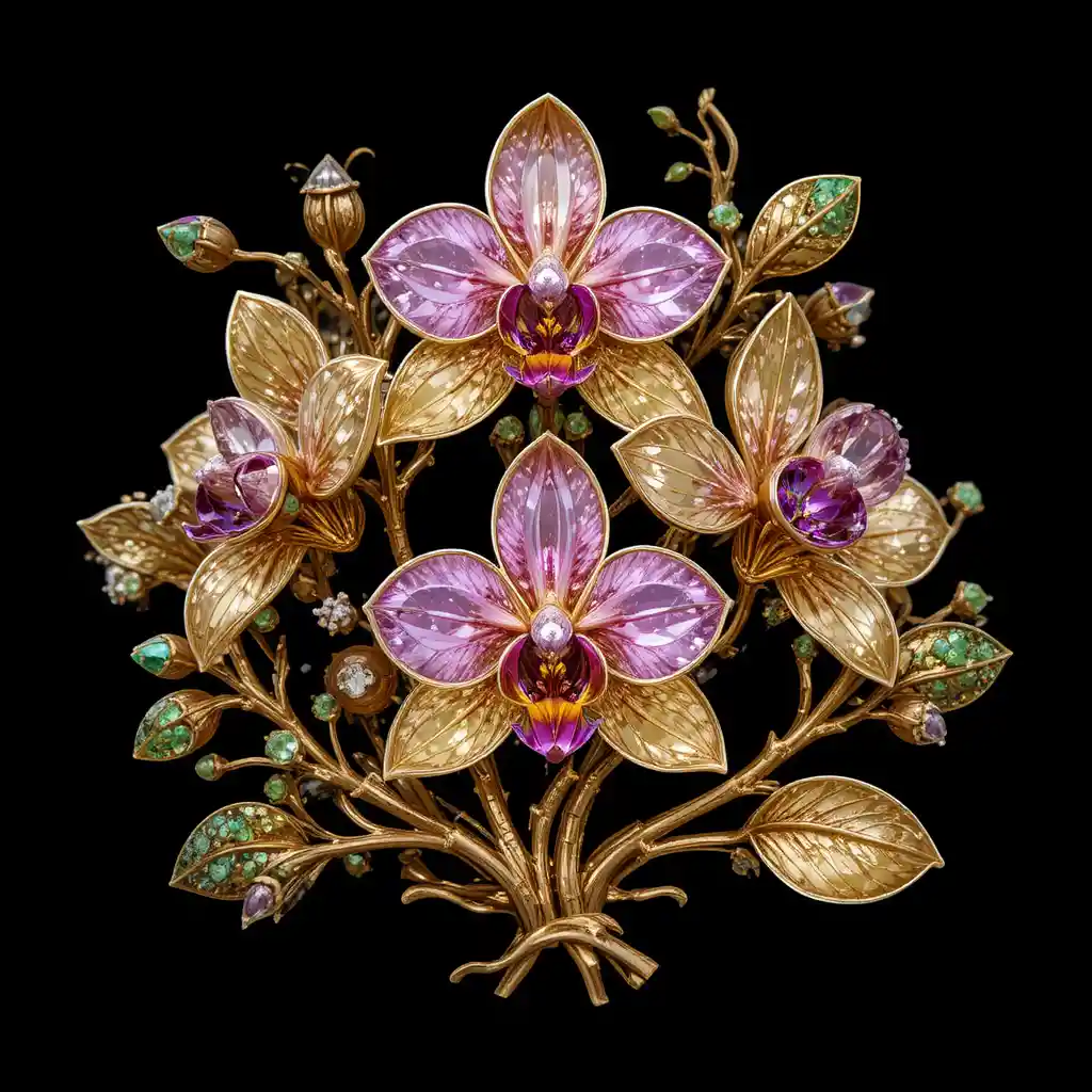 Broche de orquídea dourada com pedras preciosas coloridas em fundo preto