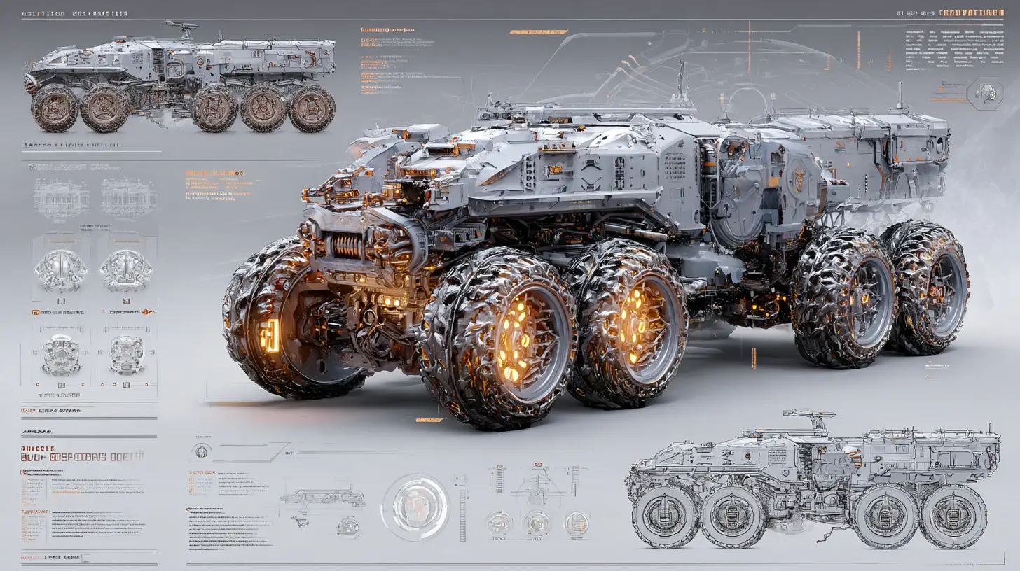 Futuristisches schweres Kampf­fahrzeugdesign mit Dreifachansicht