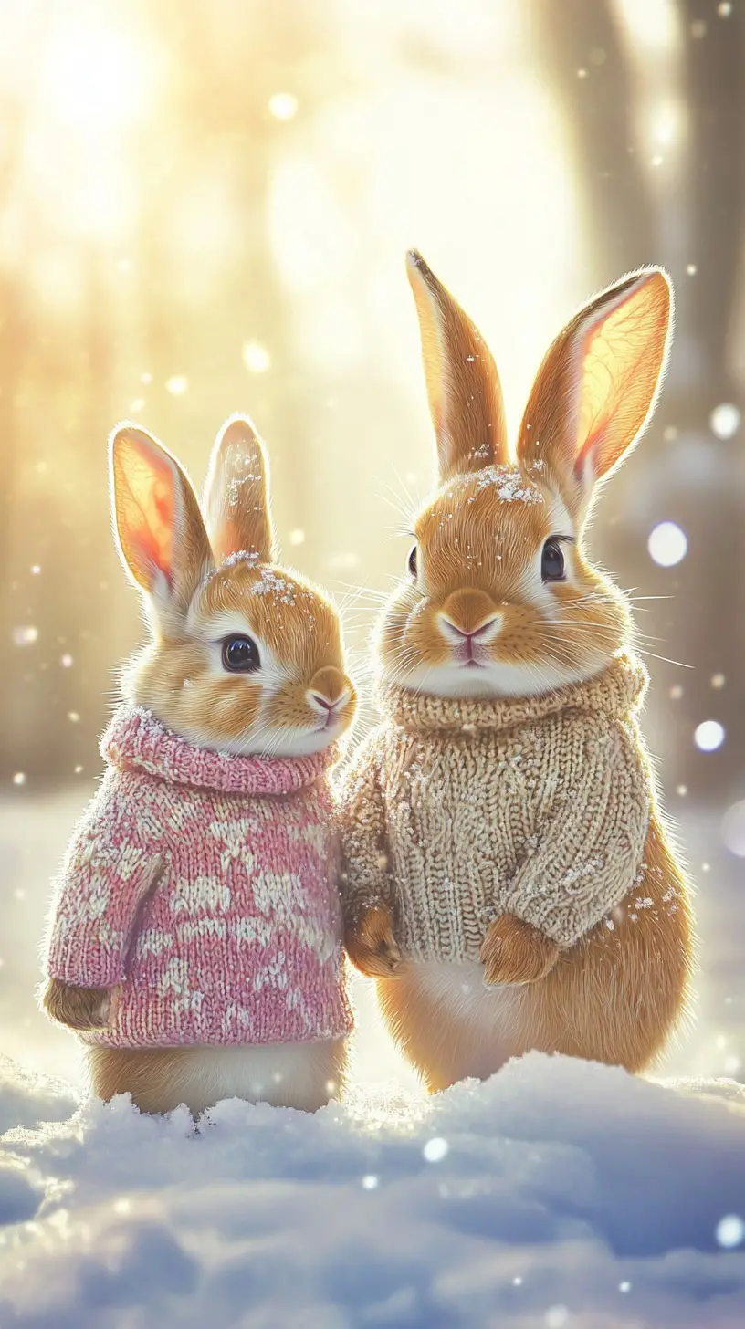 Two rabbits in sweaters standing together in snowy sunlight