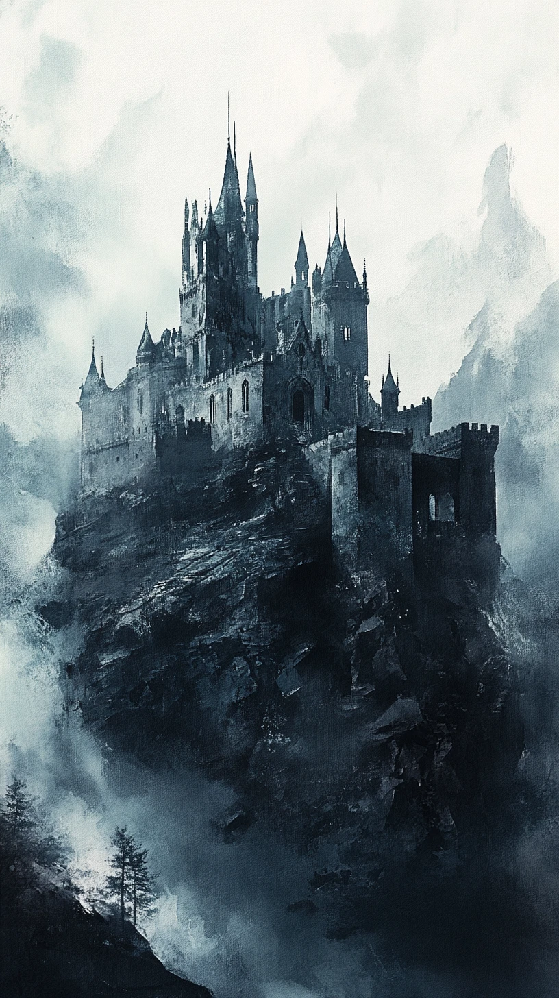 Gothic castle on a craggy hill in misty gray sky