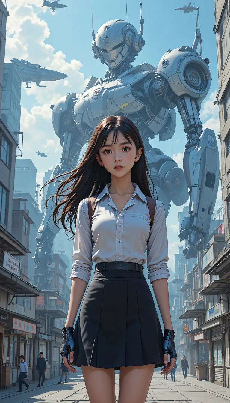 Anime schoolgirl with flowing hair in a public courtyard