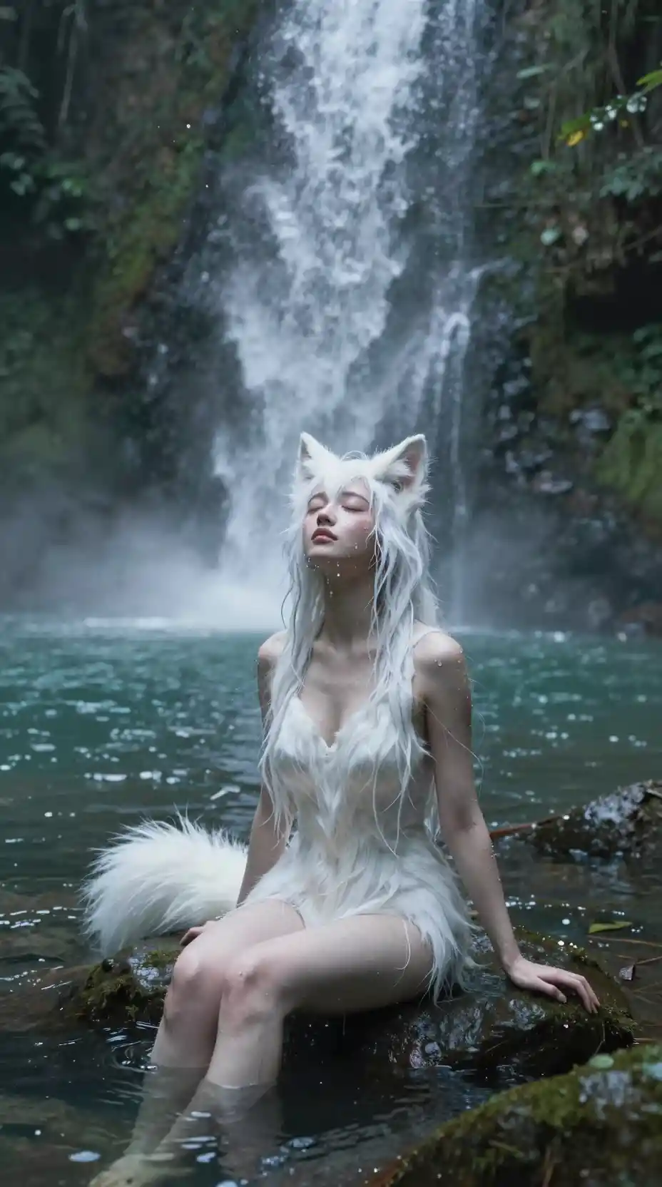 Kitsune woman resting by a jungle waterfall pool