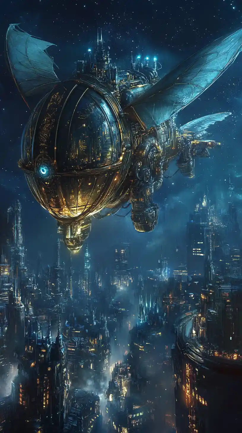 Dirigibile drago futuristico sopra una cupa città cyberpunk