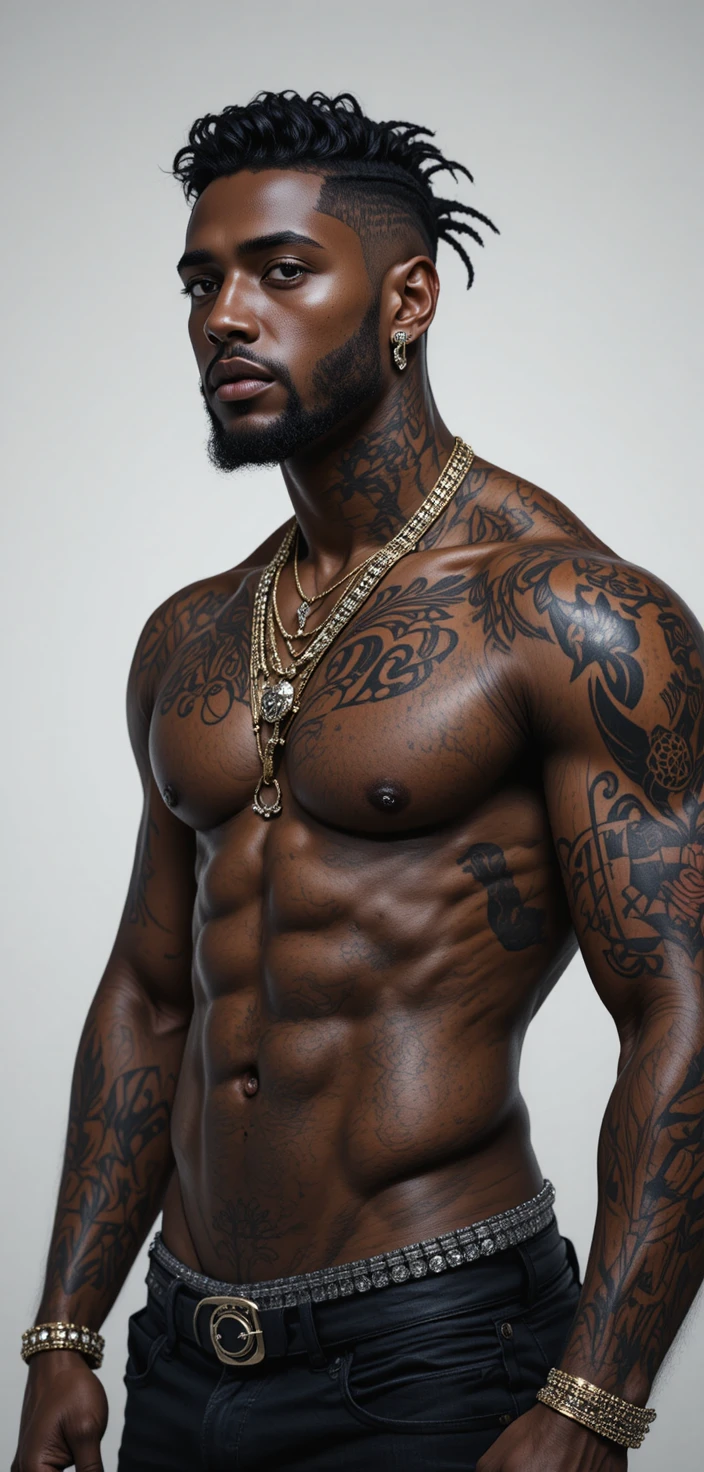 Muscular African man with nose piercing and tattooed arms