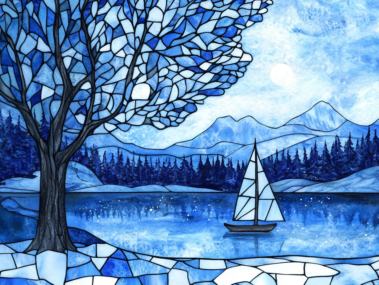 Blauer Winterbaum im Glasmalerei-Stil an gefrorenem See