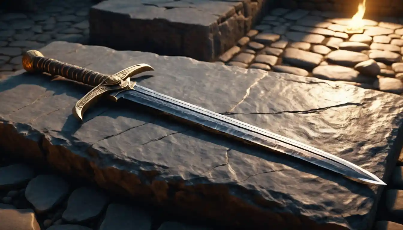 Ancient two handed sword resting on a rough stone slab
