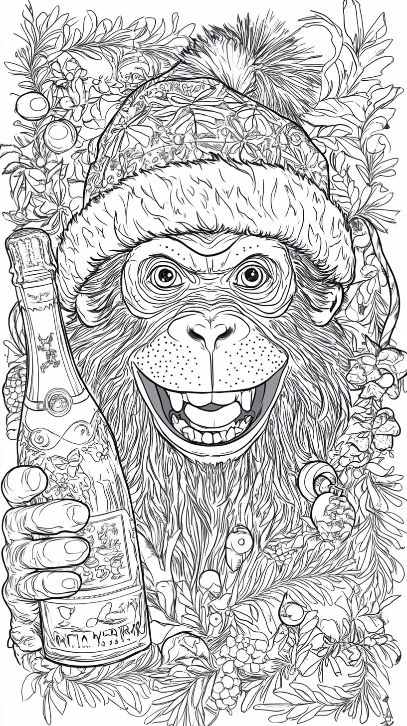 Lächelnder Weihnachtsaffe Ausmalbild mit festlichen Details
