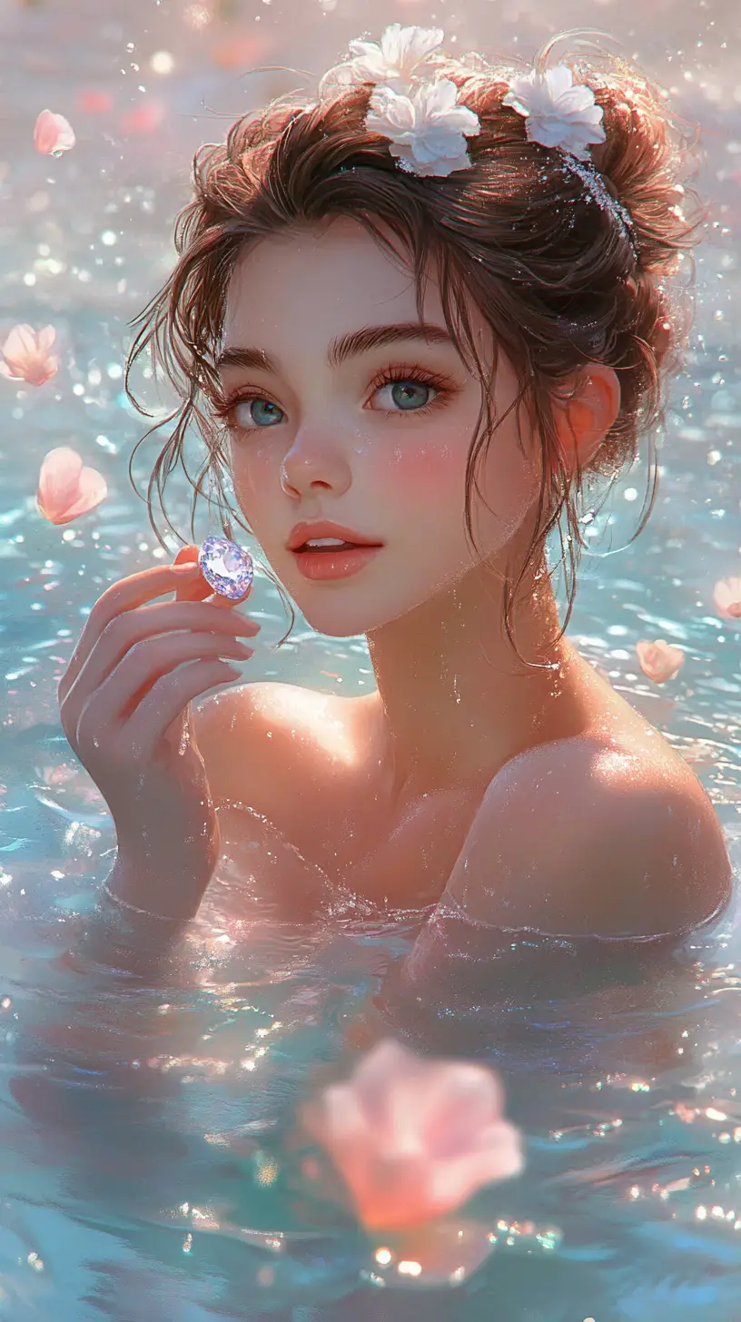Young woman in pastel water holding a sparkling diamond