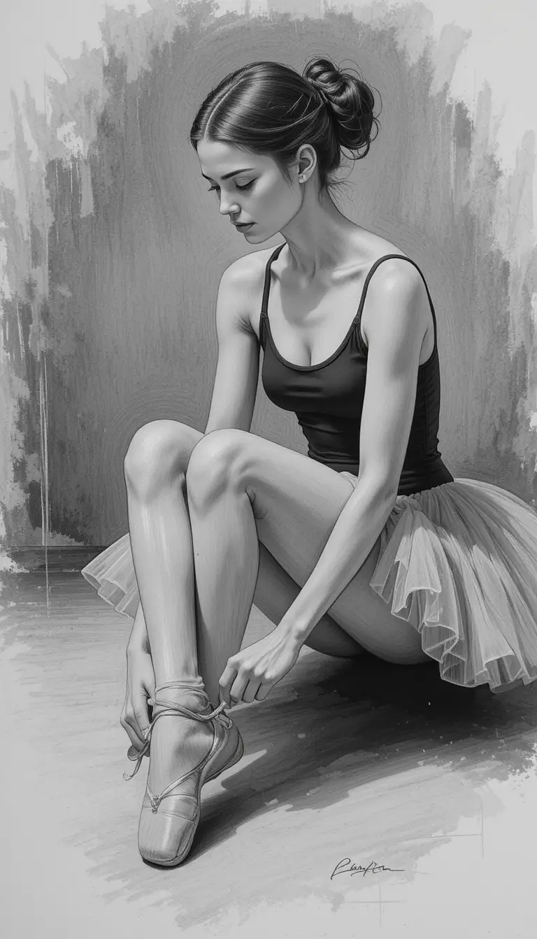 Young ballerina tying pointe shoes in figure drawing