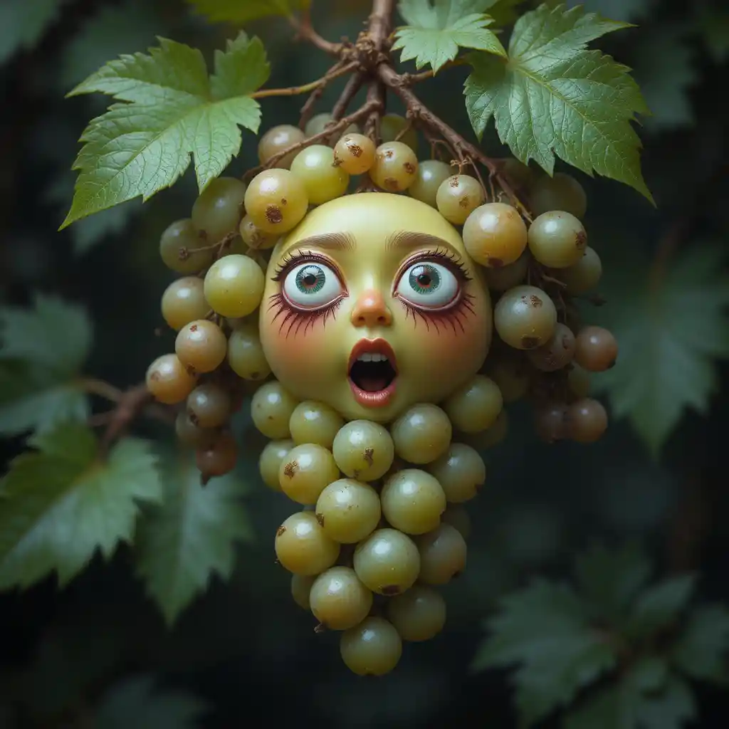 Buffo grappolo d’uva che canta con espressive facce cartoon