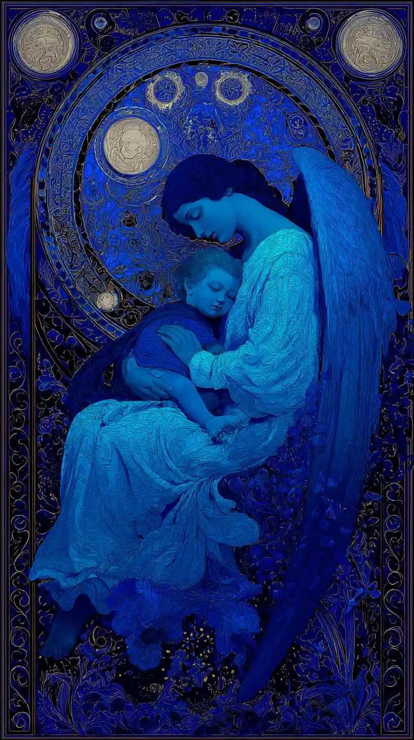 Angelo custode che veglia su un bambino addormentato di notte