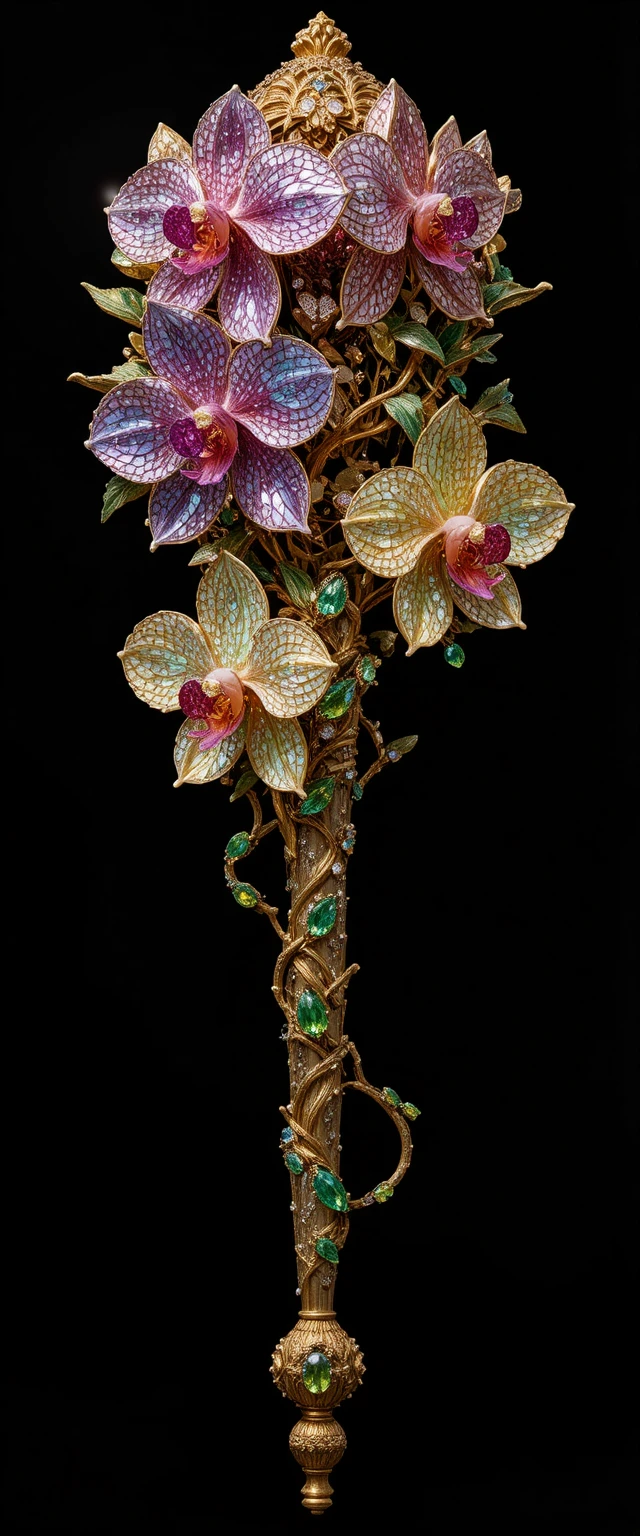 Gemstone orchid scepter with ornate gold handle on black