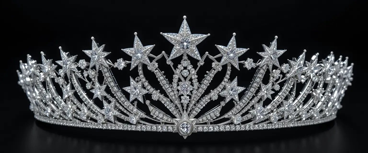 Tiara de ouro branco com estrelas de diamante em fundo preto