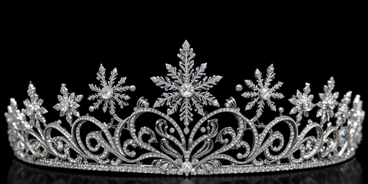 Tiara de ouro branco com flocos de neve de diamante em fundo preto