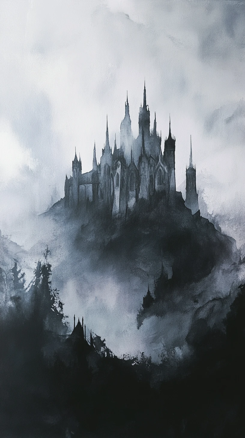 Watercolor gothic castle on a craggy hill in misty sky