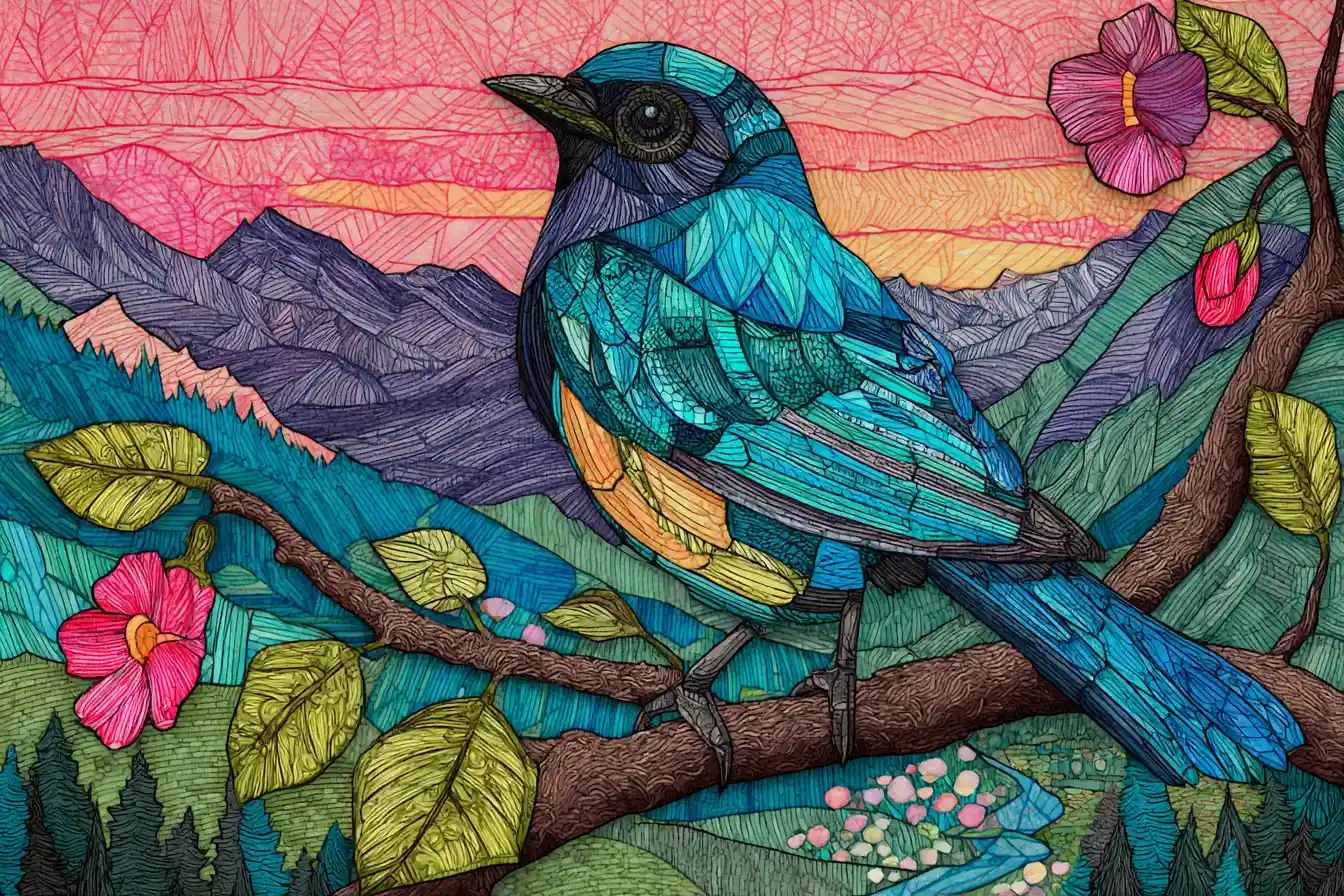 Colorful stained glass watercolor bird on a floral branch