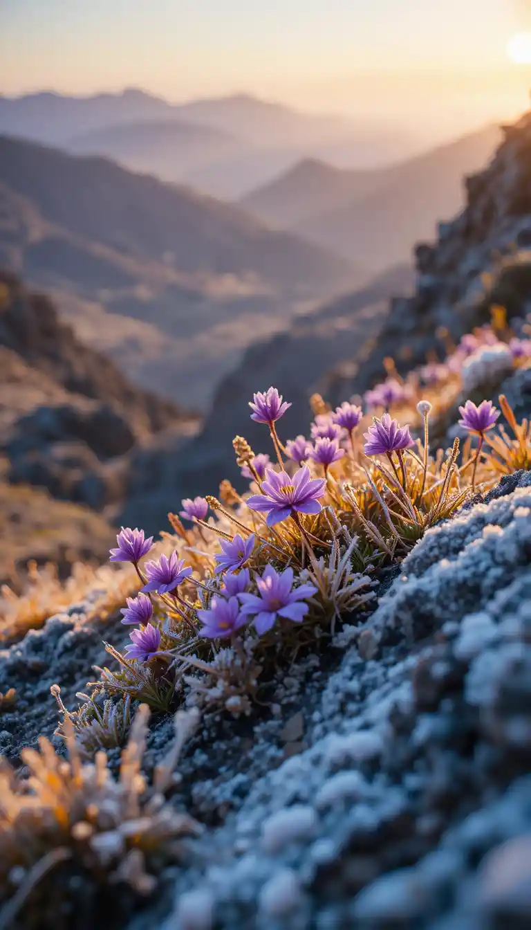 Campanules violettes sur rocher givré au chaud coucher de soleil