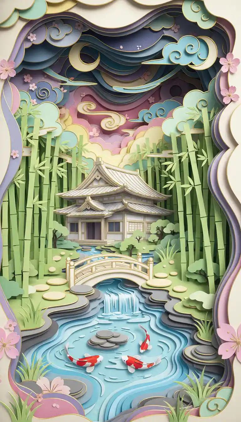 Japanischer Scherenschnitt-Garten mit Haus, Brücke und Koi-Teichen
