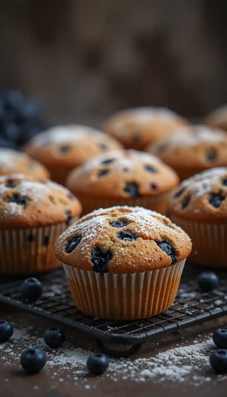 Primer plano atmosférico de muffins de arándanos con azúcar glas sobre rejilla