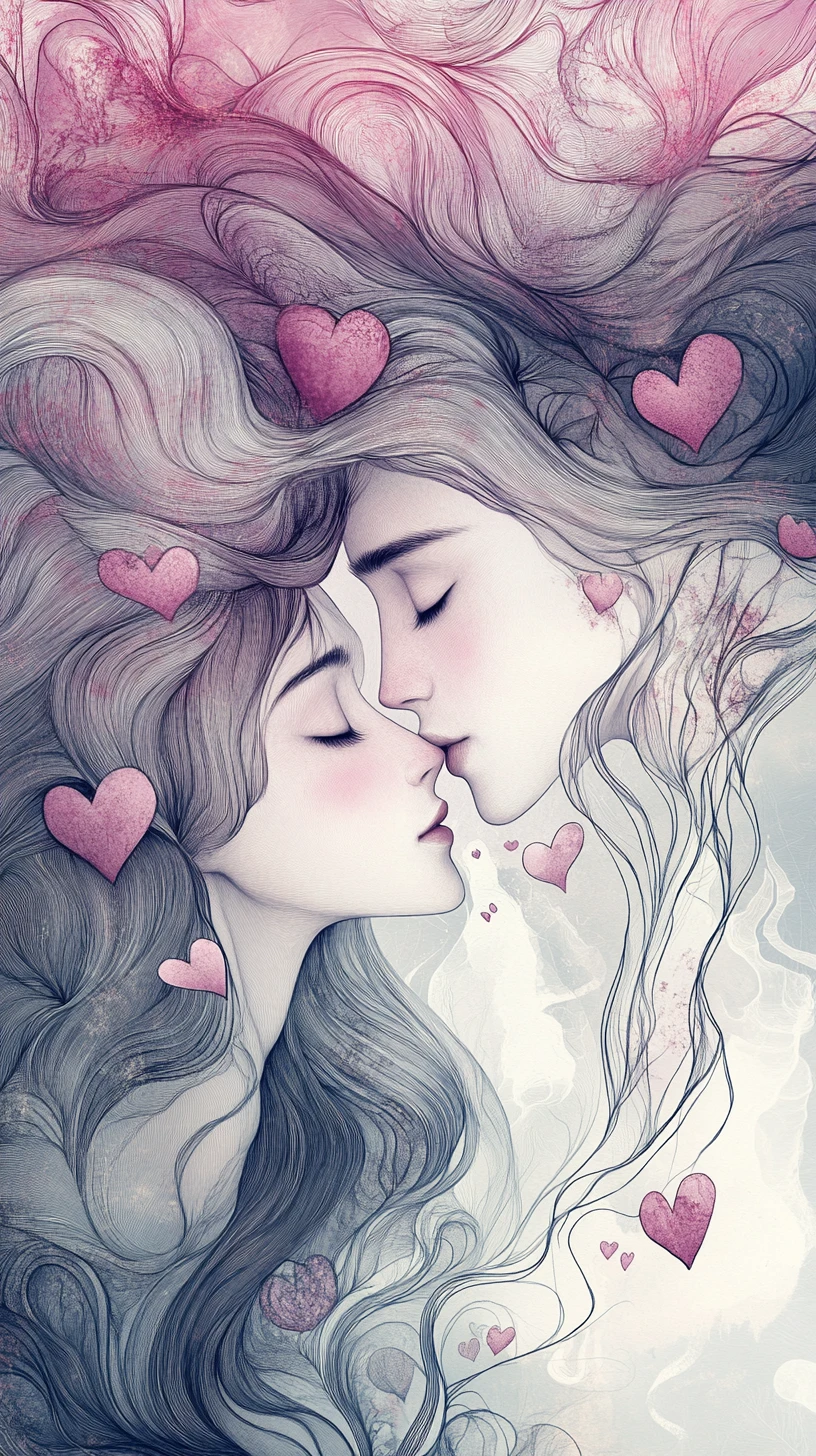Ethereal line art couple with entwined faces and hearts
