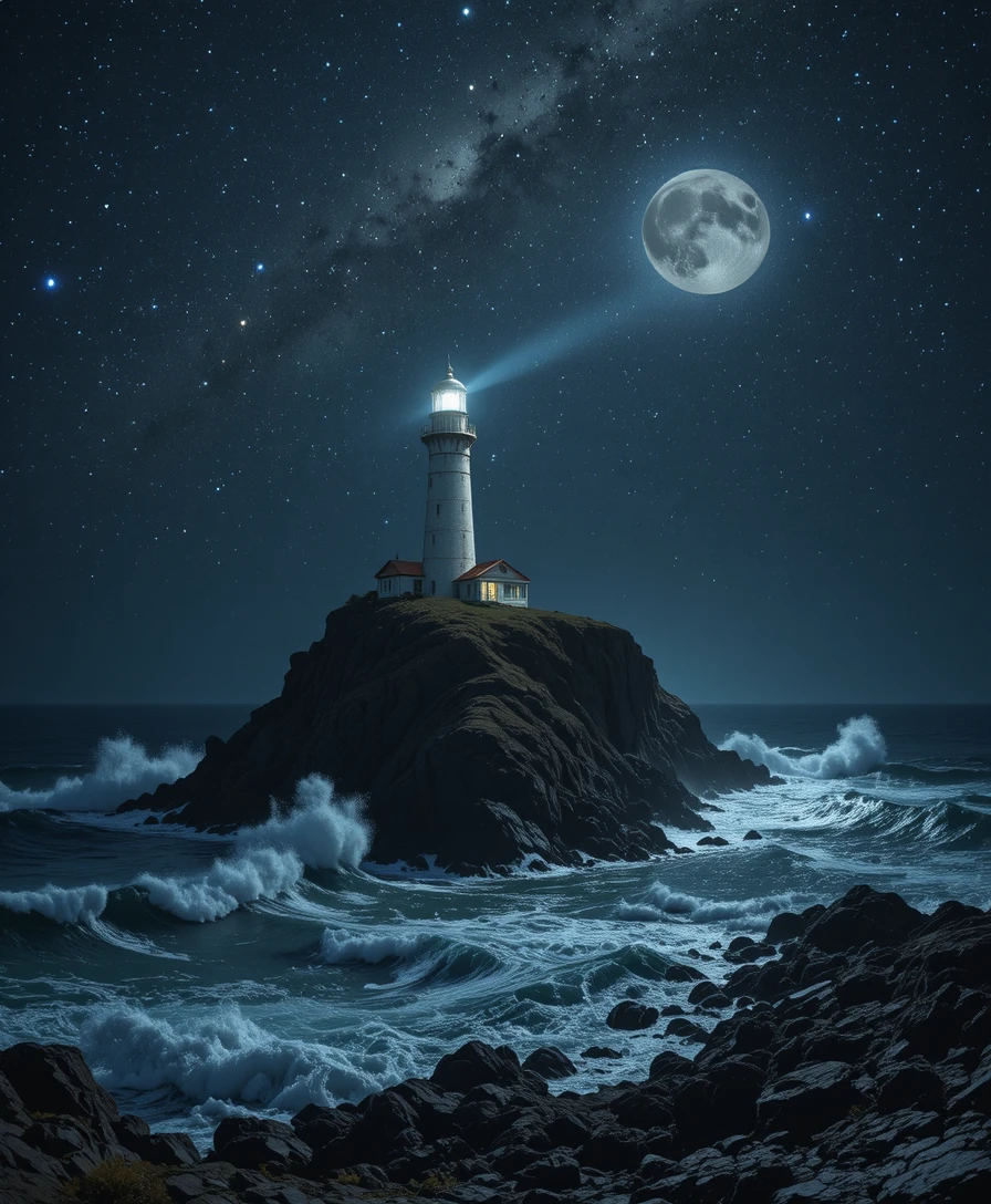 Lighthouse Beaming Over Rugged Cliffs And Stormy Sea