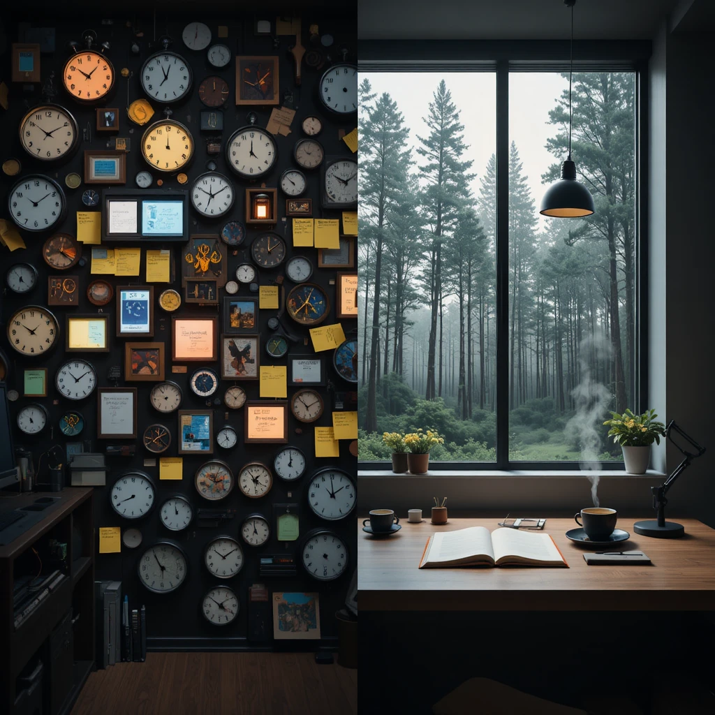 Moderner Arbeitsplatz zwischen Chaos und ruhigem Minimalismus