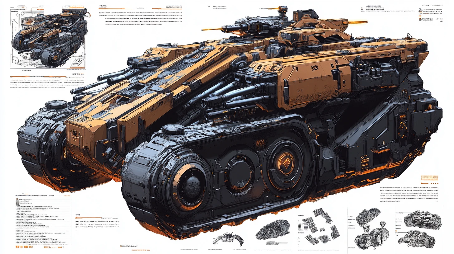 Blueprint di carro armato pesante futuristico con vista a triplo angolo