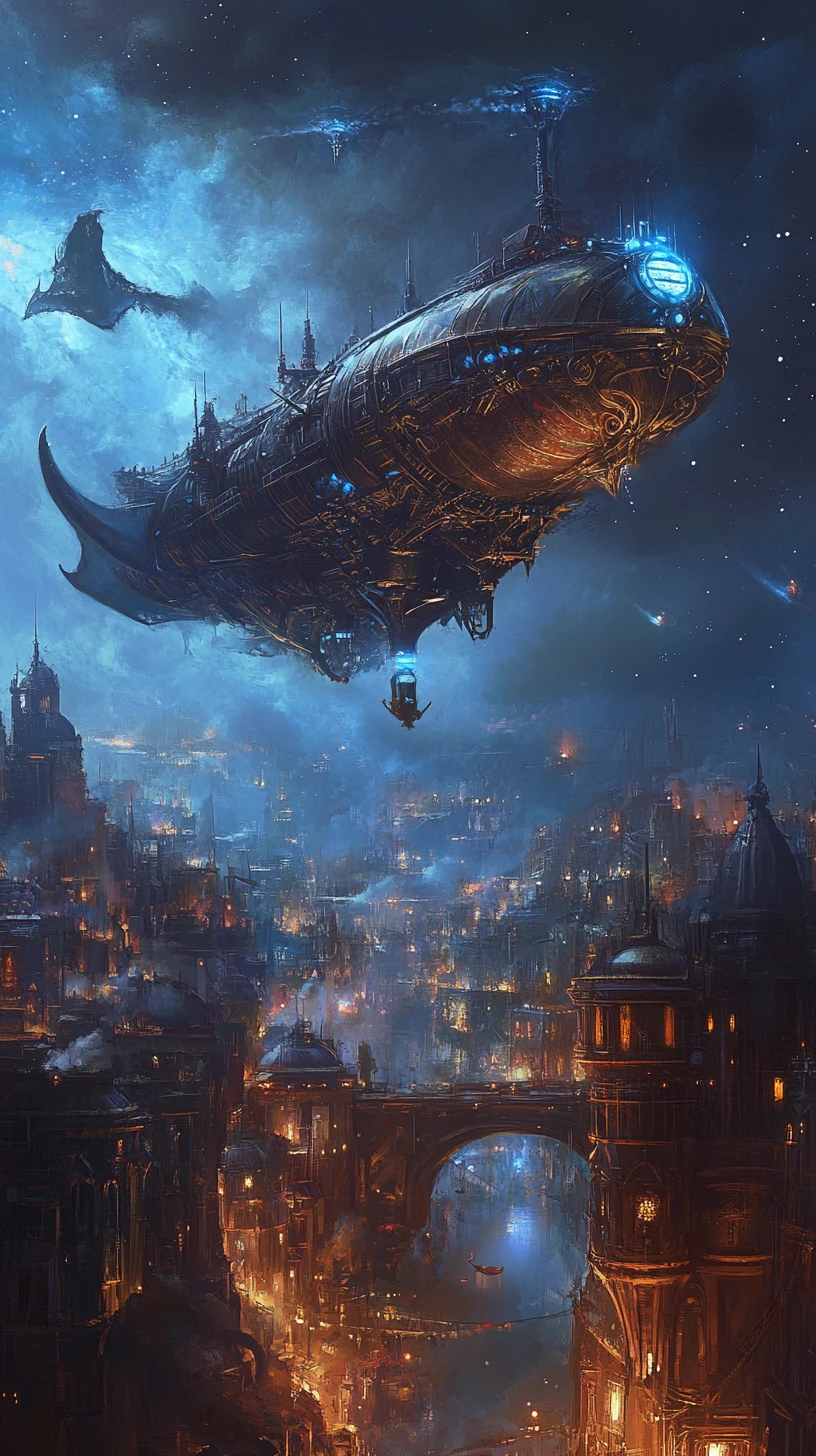 巨大な中世の飛行船とドラゴンが魔法都市の上空を舞う