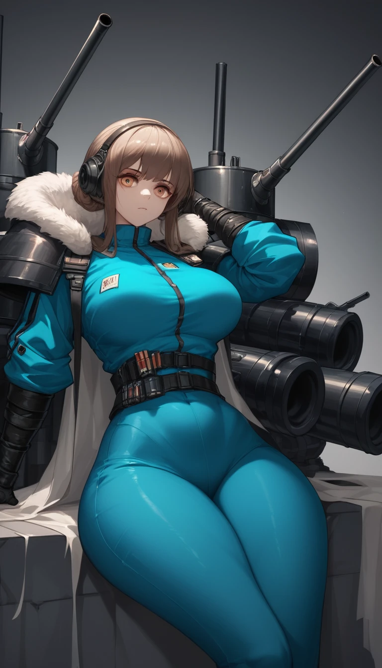Warrior woman in blue outfit sitting on massive black cannon