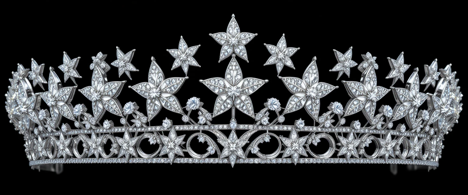 Tiara de ouro branco com estrelas de diamante em fundo preto