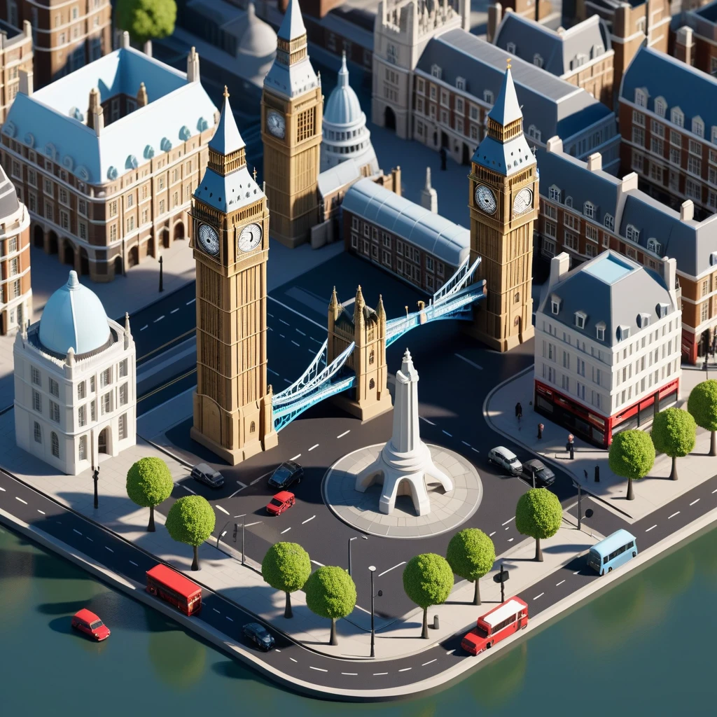 Isometric 3D cartoon cityscape of London landmarks