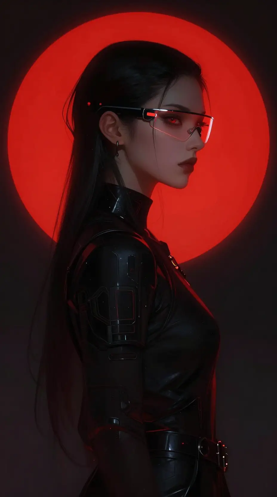 Androgynous cyberpunk portrait with glowing crimson circle