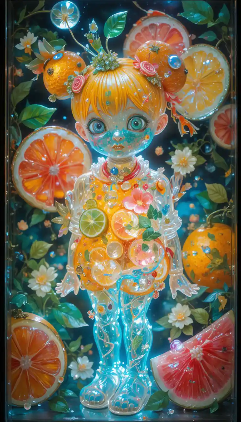 Agrumi Luminosi e Anguria in una Fantastica Arte di Vetro