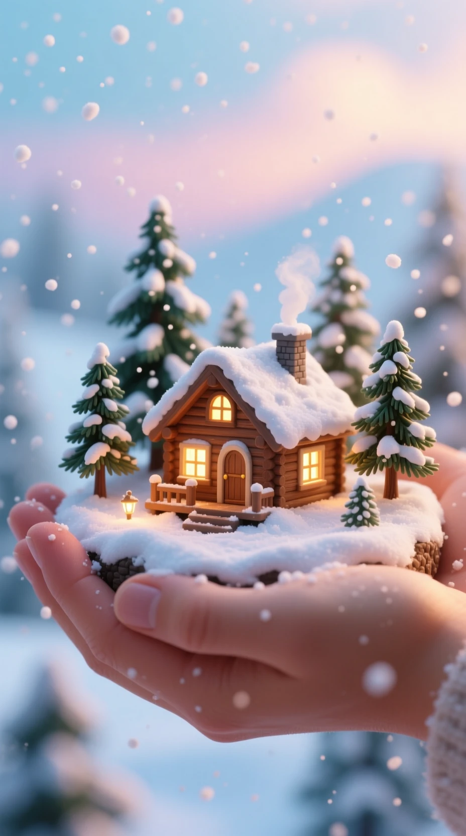 やさしい人の手に抱かれた小さな雪の山小屋の世界