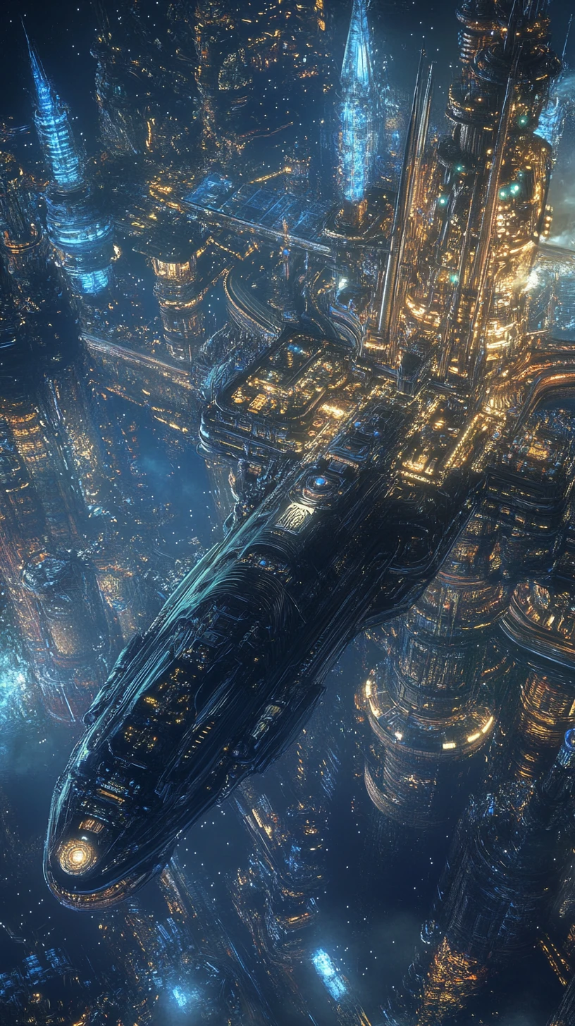 Drago-dirigibile futuristico sopra una città cyberpunk notturna
