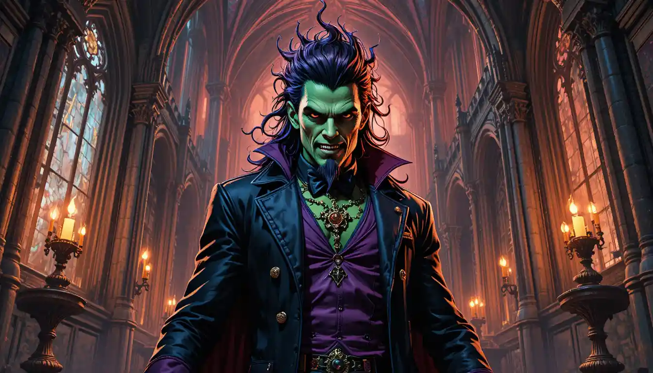 Vampire hunter in colorful comic style gothic castle scene