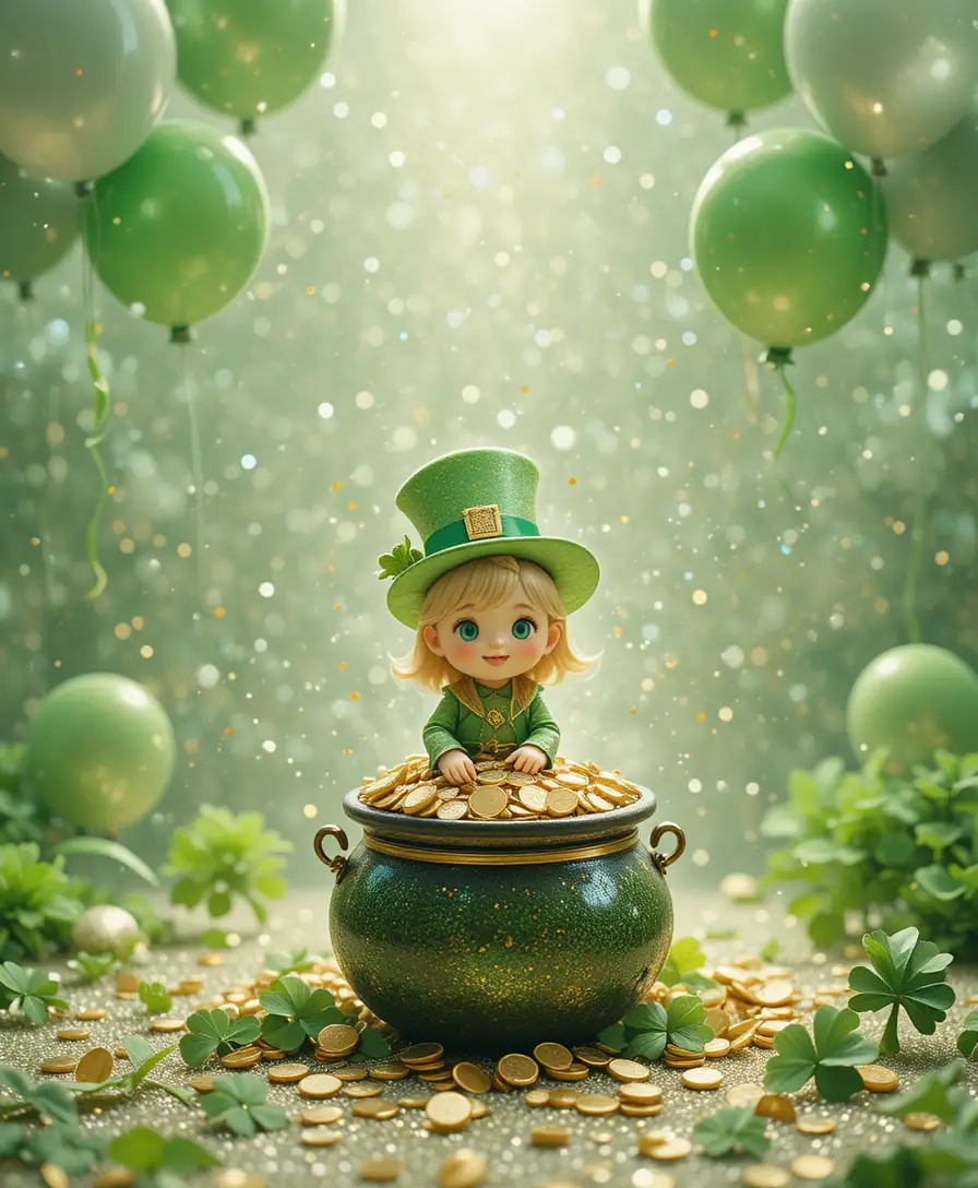 Cute leprechaun with pot of gold in glittering scene
