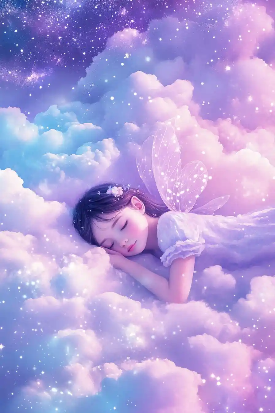 Sleeping fairies resting on glowing clouds among stars