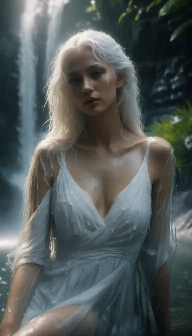 Mythical kitsune woman resting by a jungle waterfall