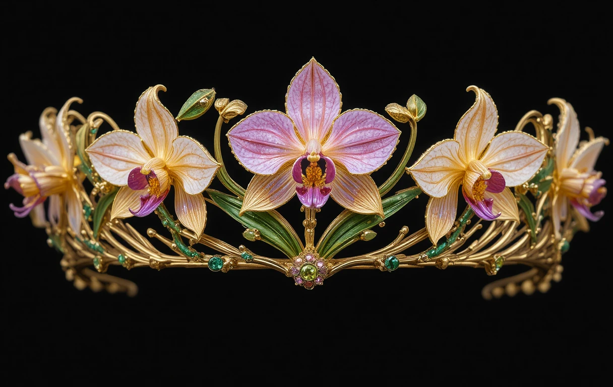 Tiara dourada com flores de orquídea em gemas sobre fundo preto