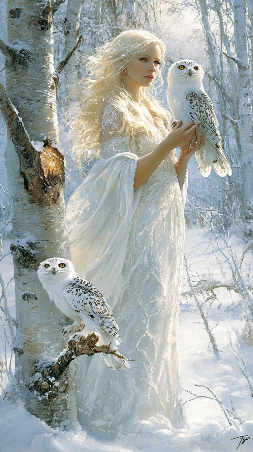 Woman in white with snowy owls in a winter forest