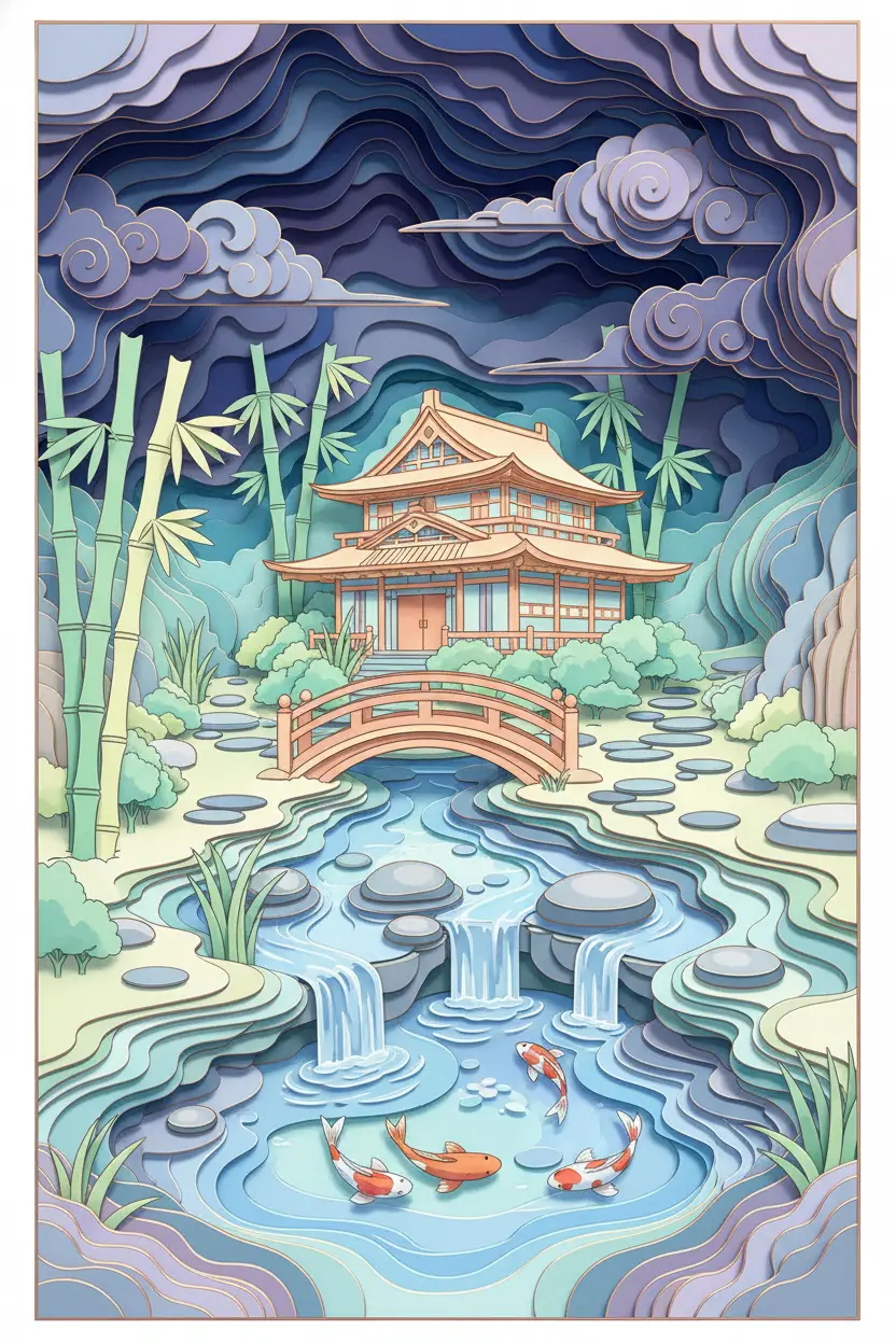 Casa japonesa de recortes en capas sobre tranquilos estanques de koi