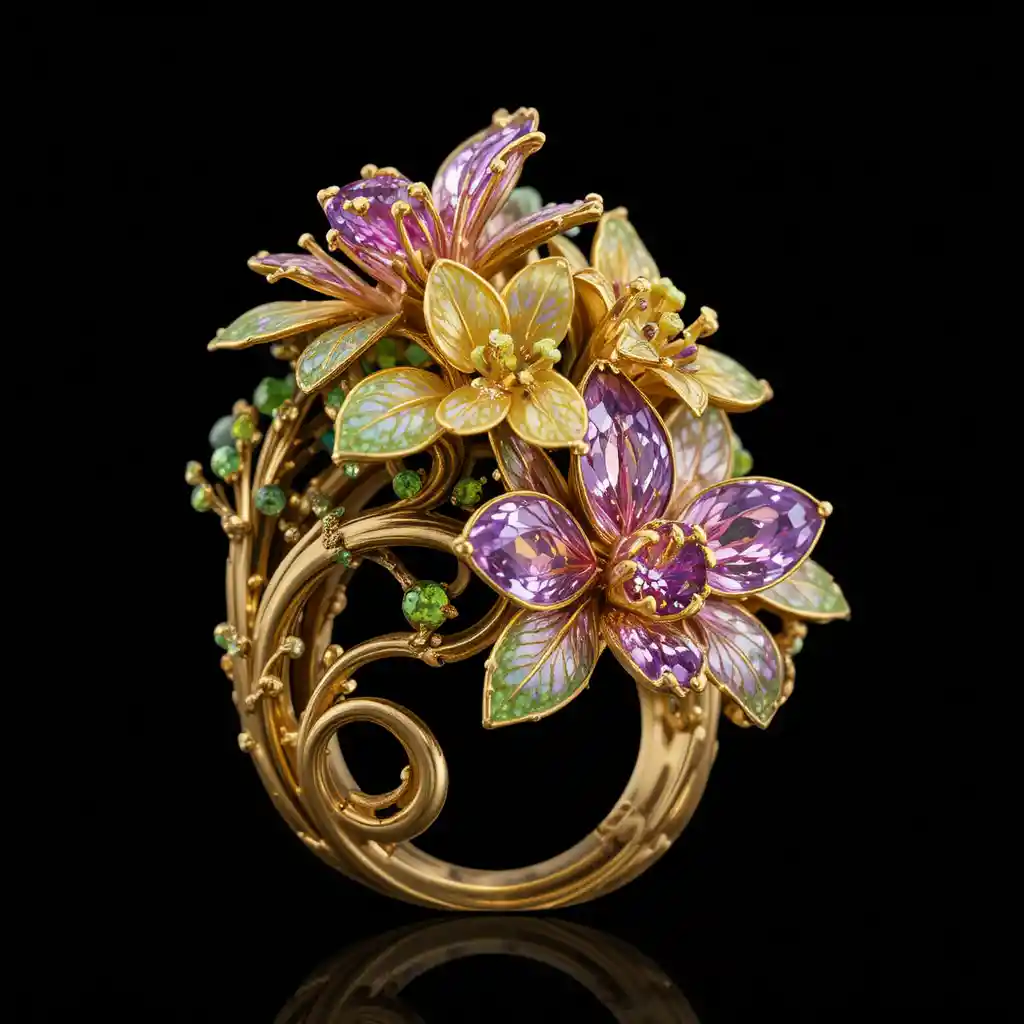 Anillo de oro con gemas florales sobre fondo negro