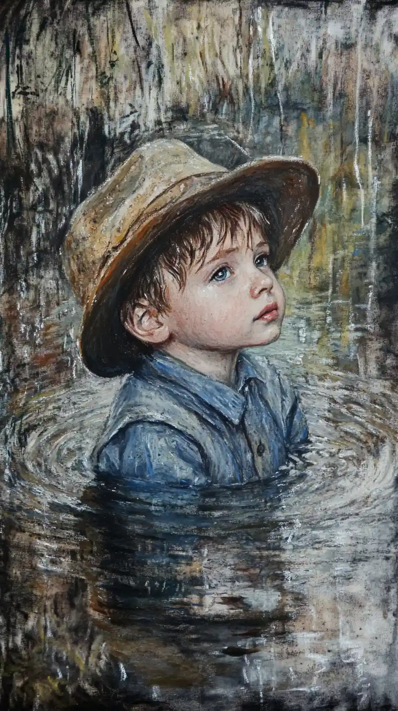 Victorian girl by a rainy stream lost in thought