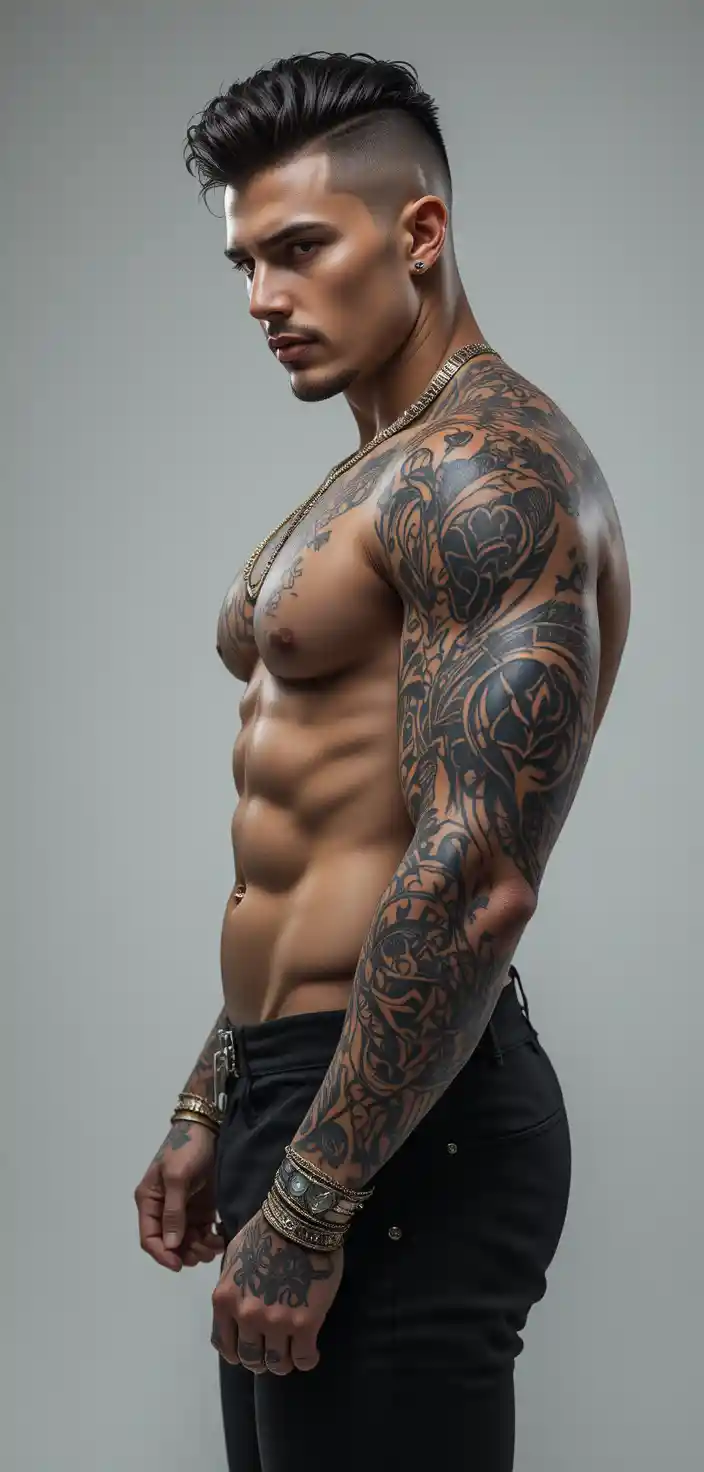 Muscular bling man with nose piercing and tattooed arms