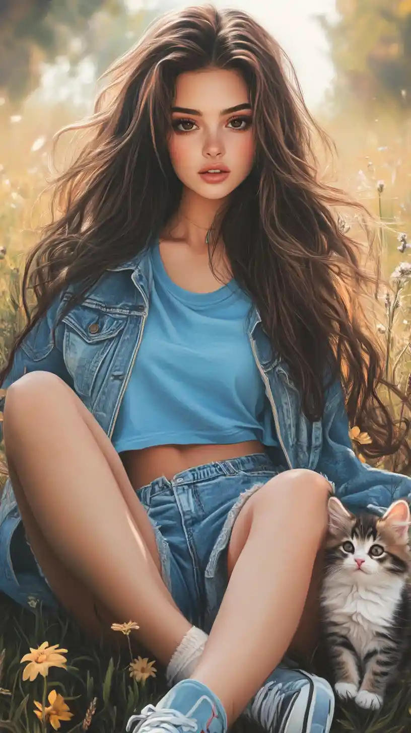 Young woman sitting in meadow with kitten companion