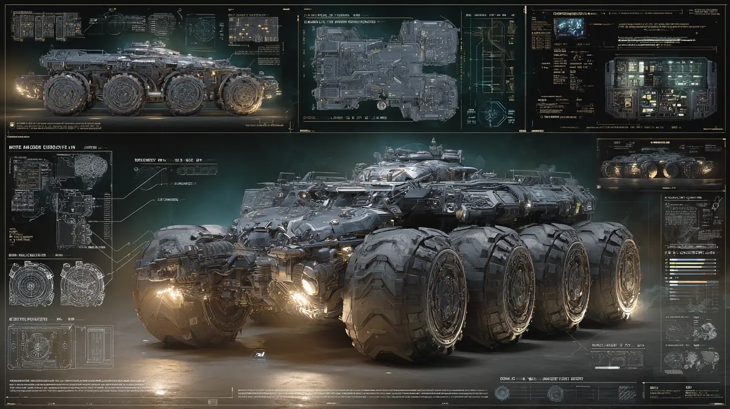 Futuristic armored land battle unit technical illustration