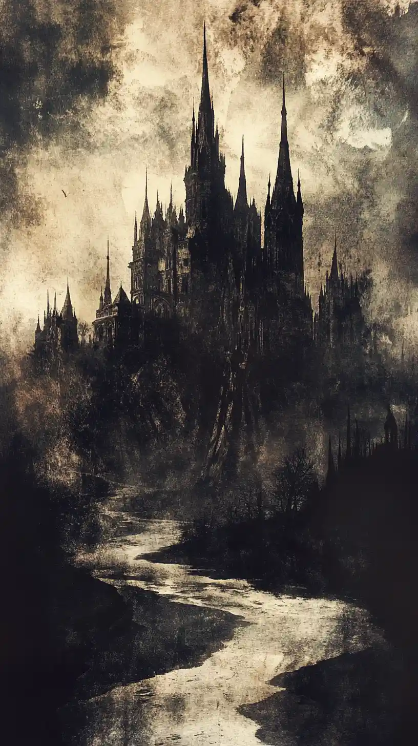 Gothic Castle Watercolor Above A Dark Winding River