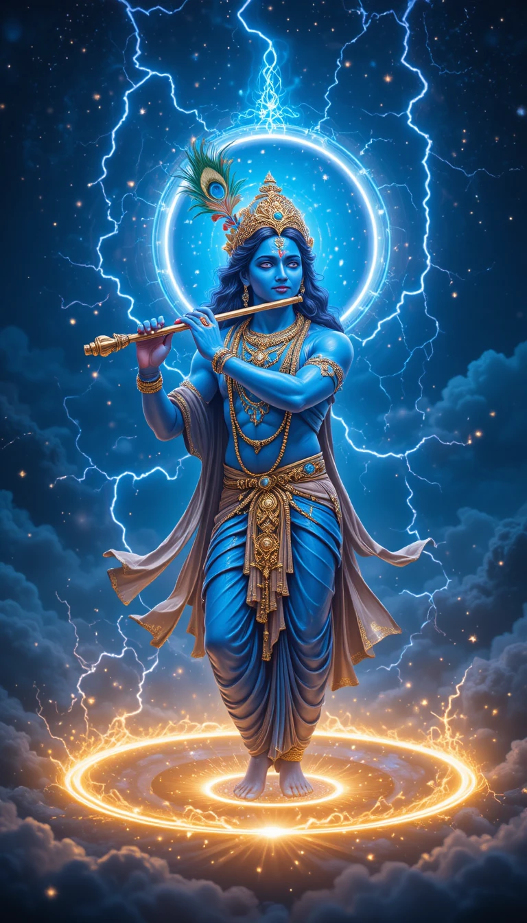 Divine blue figure playing flute amid cosmic golden ring
